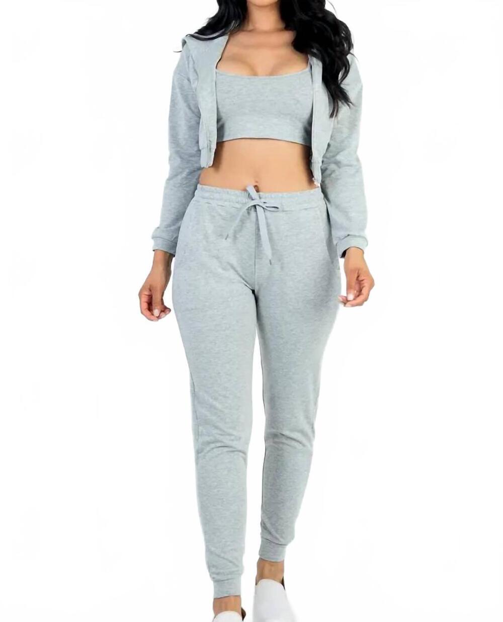 NEW CAPELLA cropped cami with zip-up hoodie and joggers set in heather gray